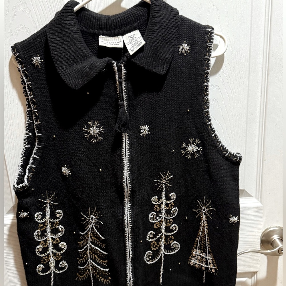 Vintage White Stag black knit embroidered Christmas tree vest size 16w